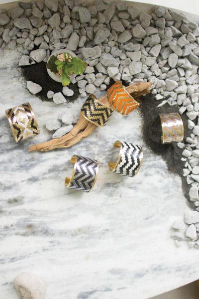 Set Of 6 Antique Brass And Woven Enamel Cuffs