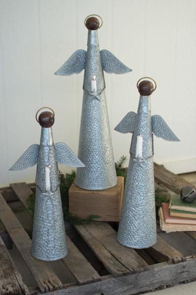 Set Of 3 Galvanized Angels With Halos