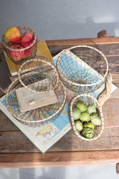 Set Of 5 Wire Baskets With Cane Rims   Antique Brass