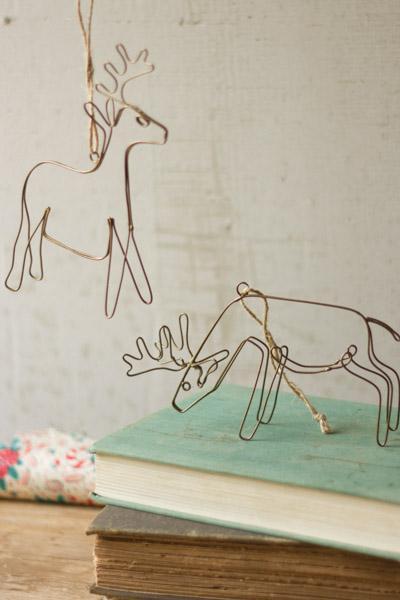 Set Of 2 Wire Deer Ornaments   Antique Brass