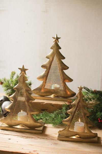 Set Of 3 Antique Brass Tree Votive Holders