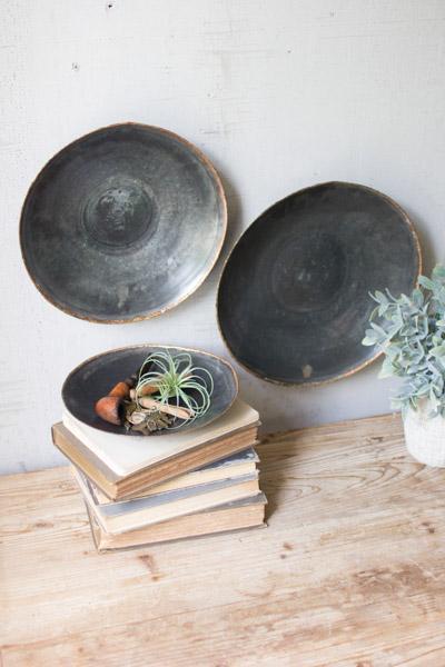 Set Of 3 Antique Black Copper Platters