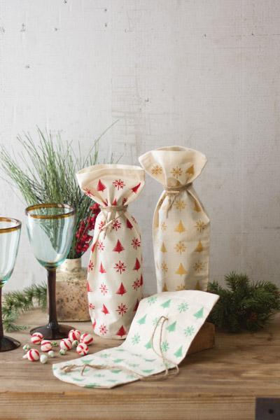 Set Of 3 Cotton Christmas Wine Bags With Clothes Pin And Jute Tie