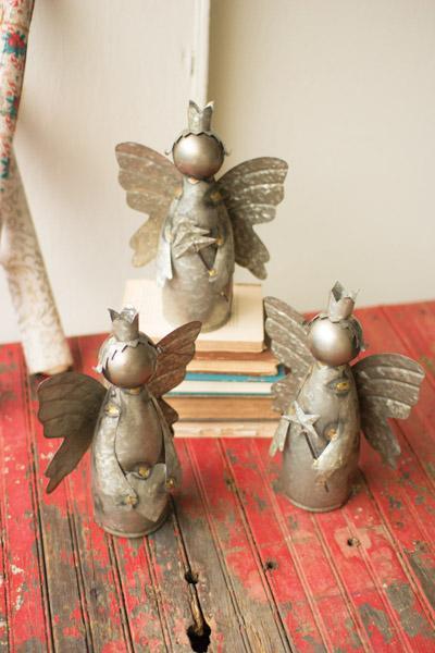 Set Of 3 Galvanized Angels With Crowns