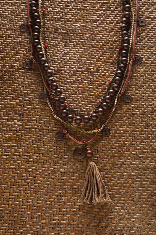 Black Bead with Red String and Jute Tassle Necklace