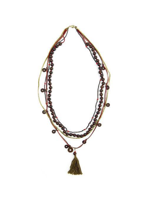 Black Bead with Red String and Jute Tassle Necklace