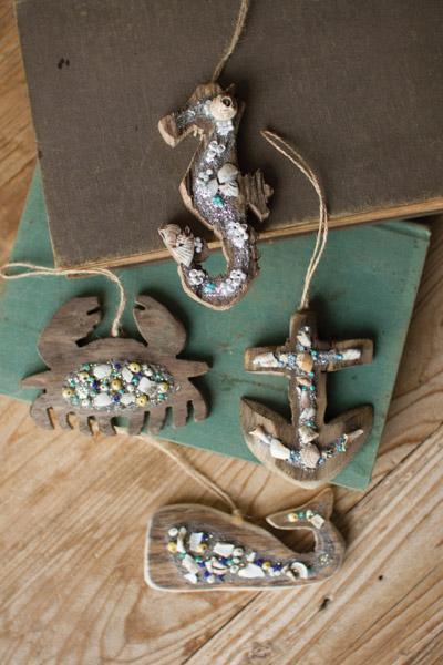 Set Of 4 Beaded Wooden Seaside Ornaments   One Each Design