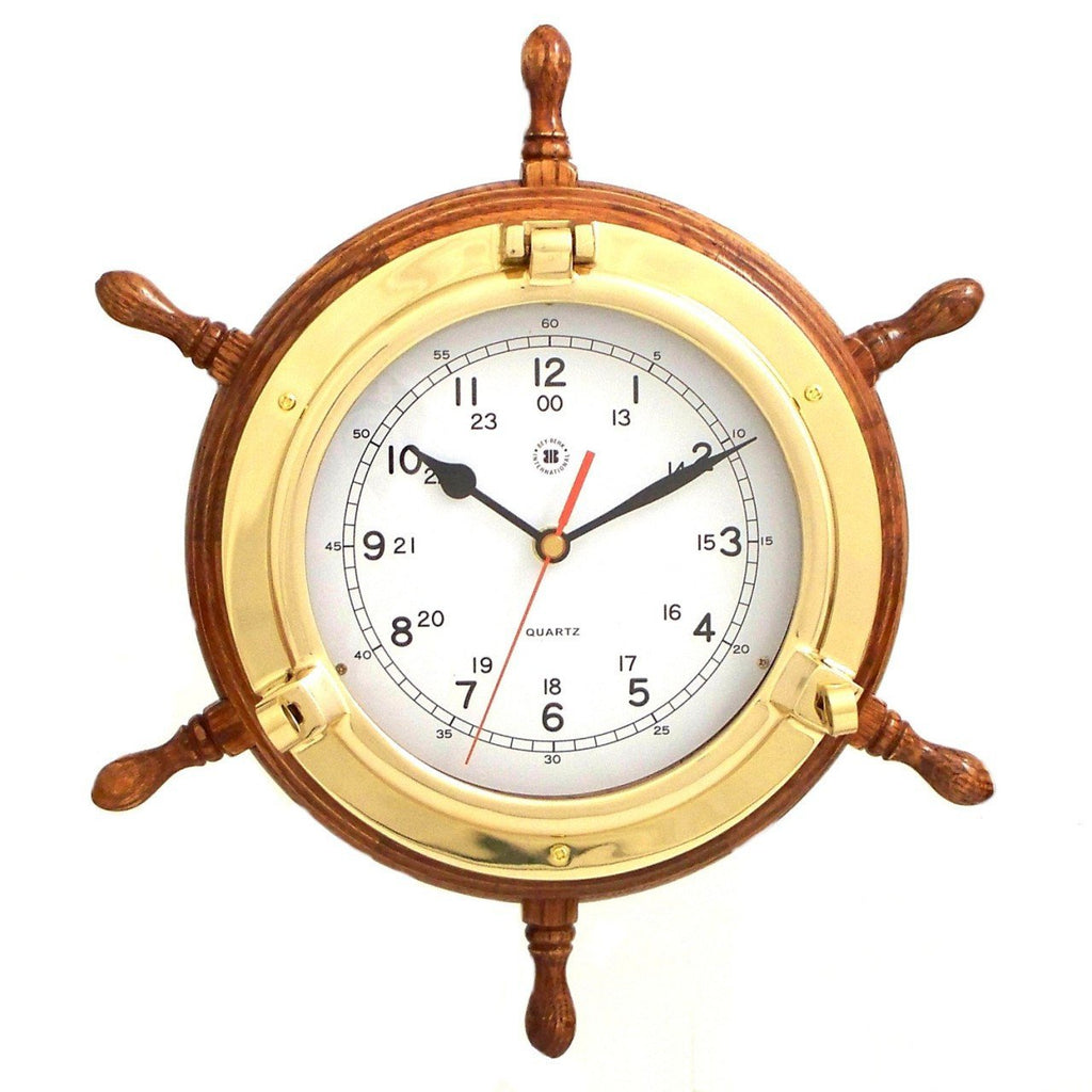 Bey-Berk Brass / Oak Ship'S Wheel Clock