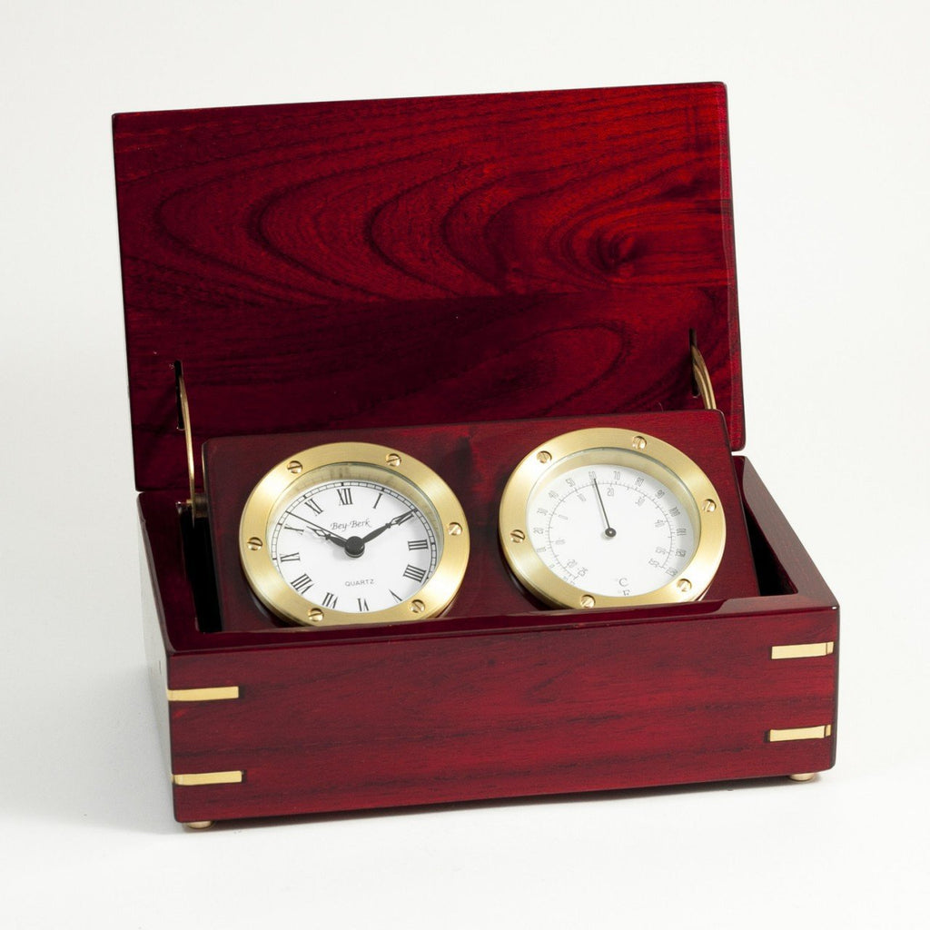Bey-Berk Clock & Thermo. In Rosewood Box